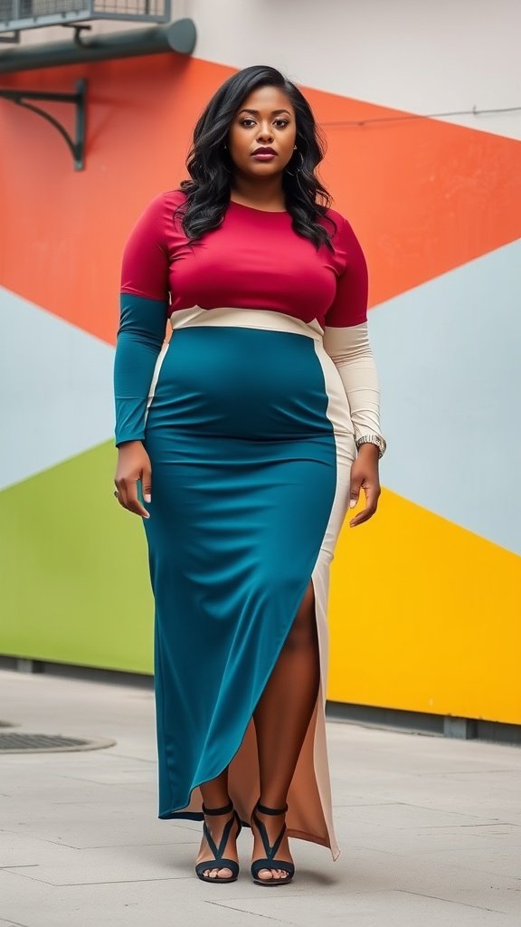 A plus-size woman in a color block dress with long sleeves, featuring maroon, teal, and cream colors, standing against a colorful background.