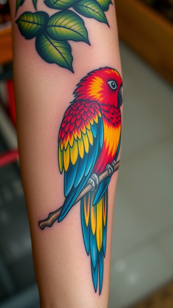 Colorful parrot tattoo on a shoulder with a floral design