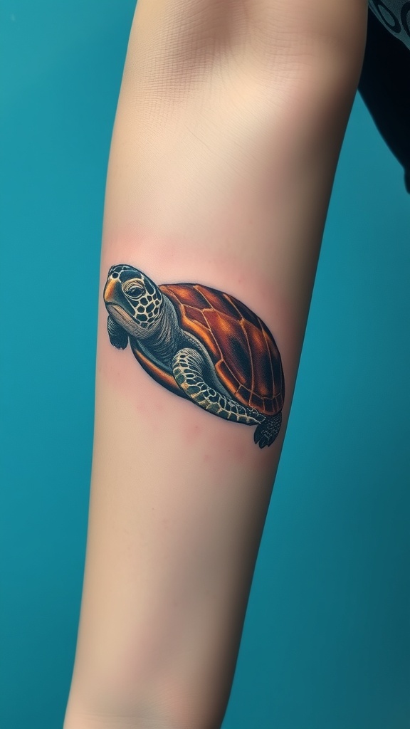 A realistic sea turtle tattoo on a person's arm.