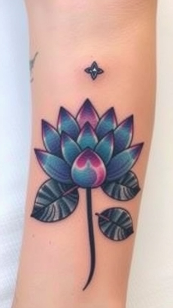 A vibrant lotus flower tattoo with intricate details and colors.