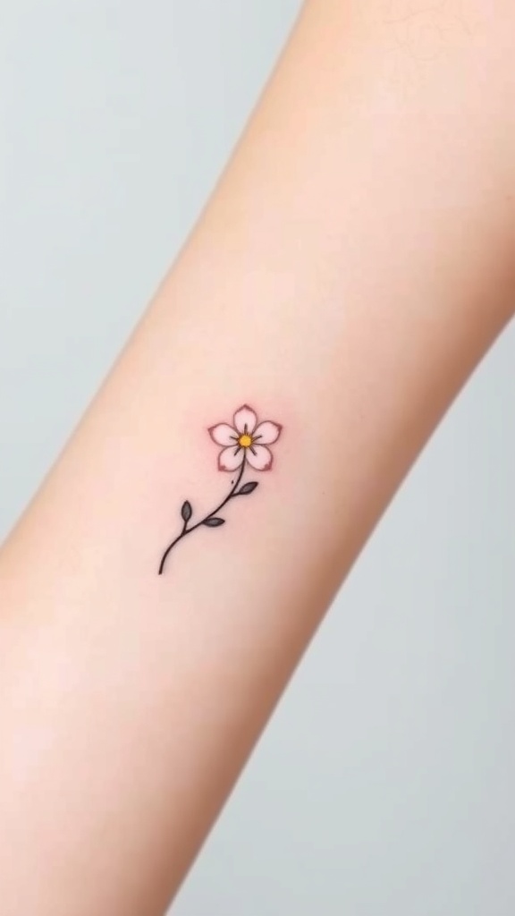 A close-up of a small jasmine tattoo on a shoulder, with a bright yellow top.