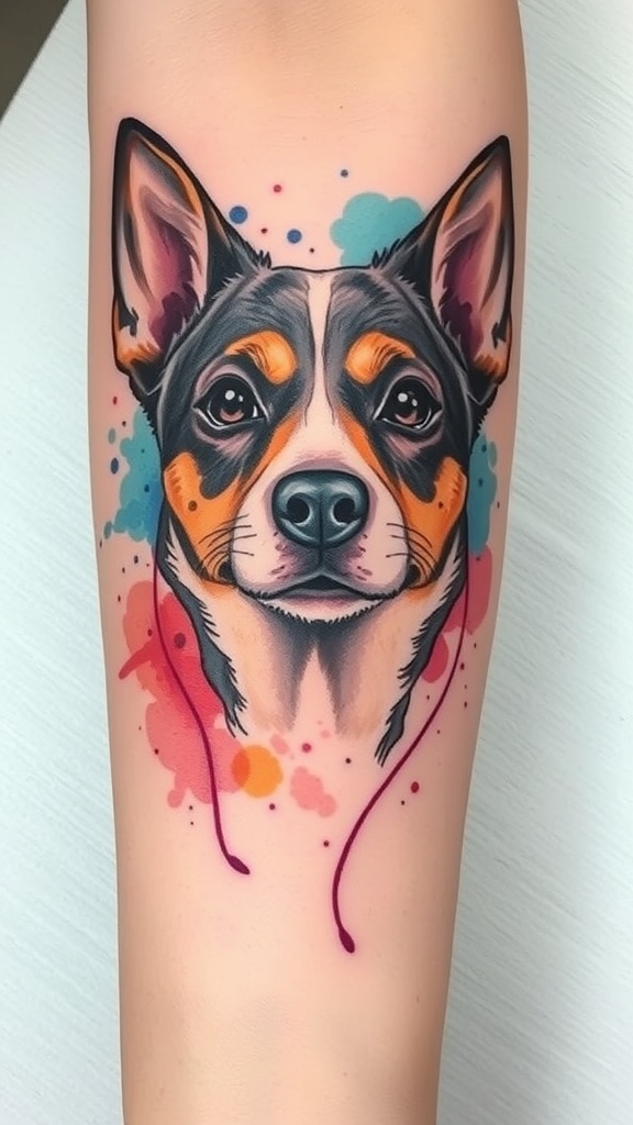 Watercolor tattoo of a dog with a heartfelt expression