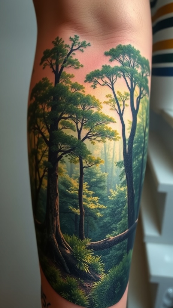 A hyper-realistic tattoo of a lush forest scene on a person's leg.