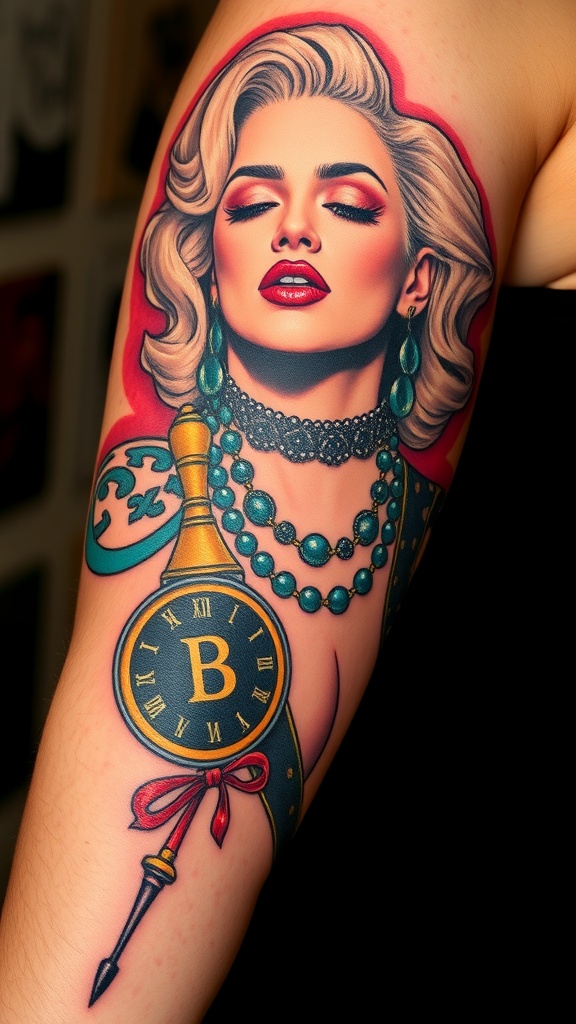 Tattoo of a glamorous woman with blonde hair and jewelry, representing an iconic musician.