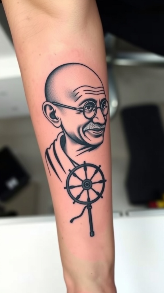 Tattoo of Mahatma Gandhi with a spinning wheel