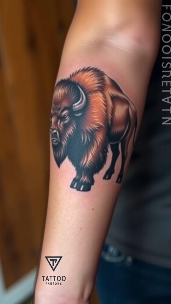 A realistic tattoo of a bison on a person's back, showcasing intricate details and lifelike appearance.