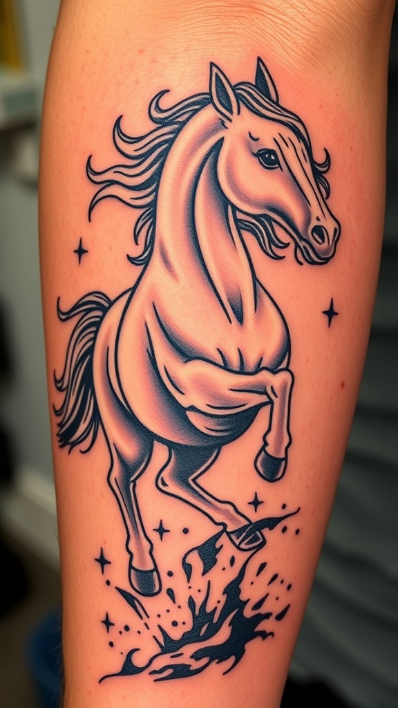 Tattoo of a galloping horse with flowing mane and stars.