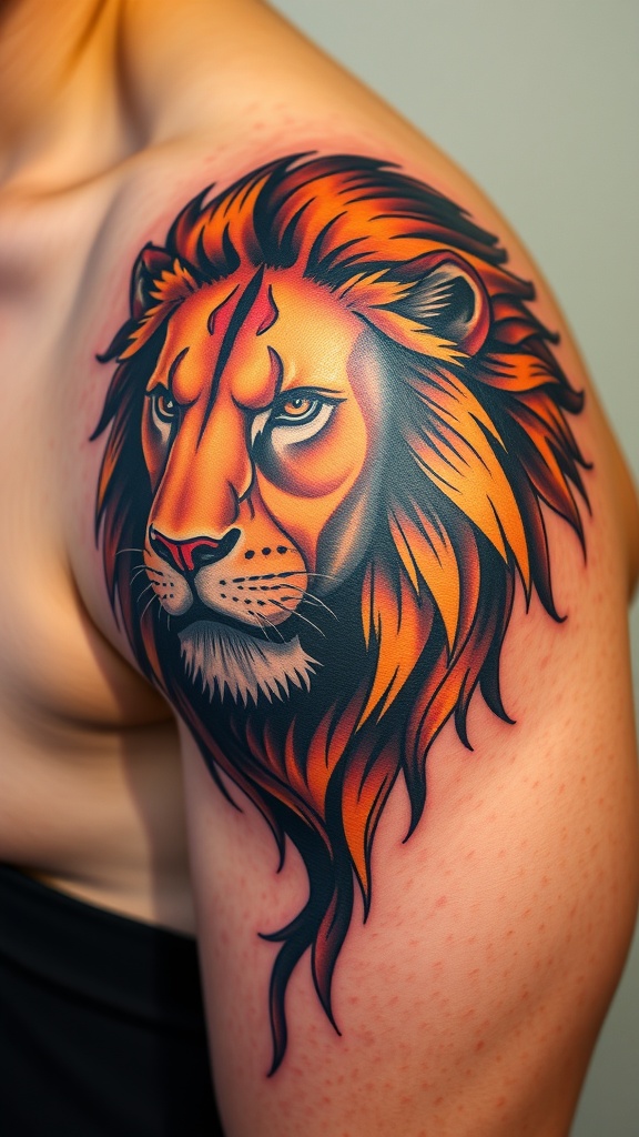 A vibrant tattoo of a lion's head on a person's shoulder, showcasing intricate details and colors.