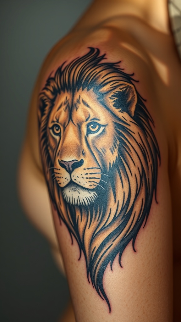 A realistic tattoo of a lion's face on a person's shoulder.