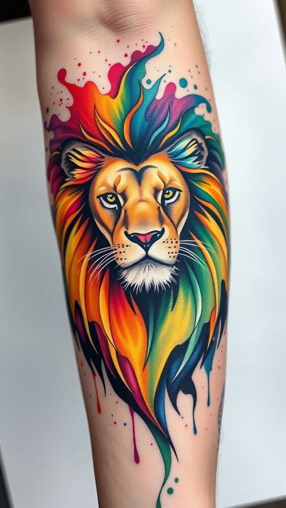 A colorful tattoo of a lion's head with a vibrant mane.