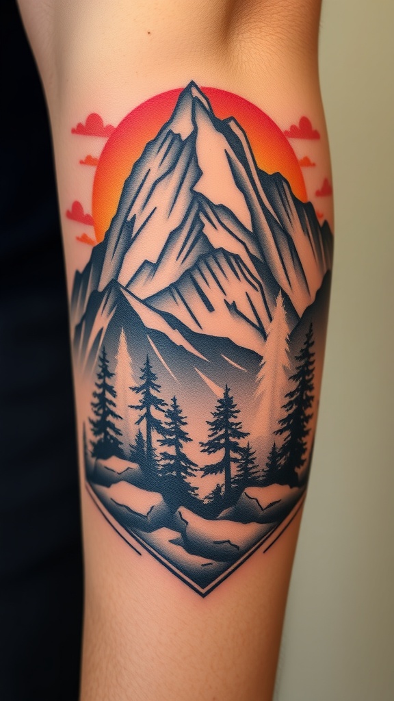 A hyper-realistic tattoo of a mountain landscape with a sunset and trees.
