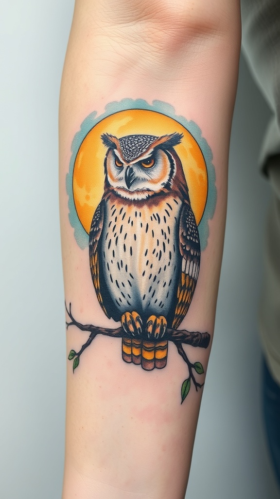 A colorful owl tattoo perched on a branch with a moonlit background.