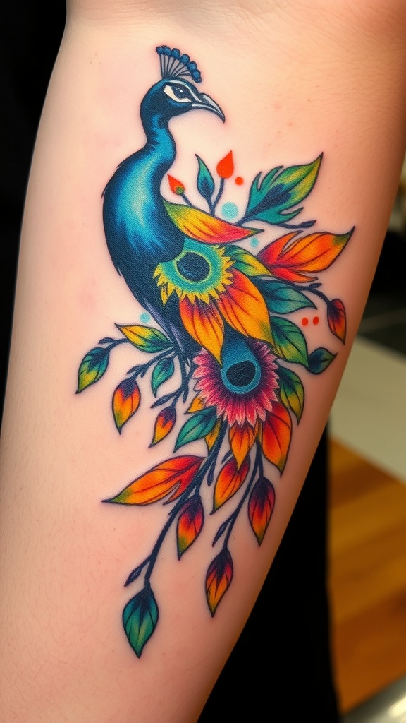 Colorful watercolor tattoo of a peacock with feathers and leaves
