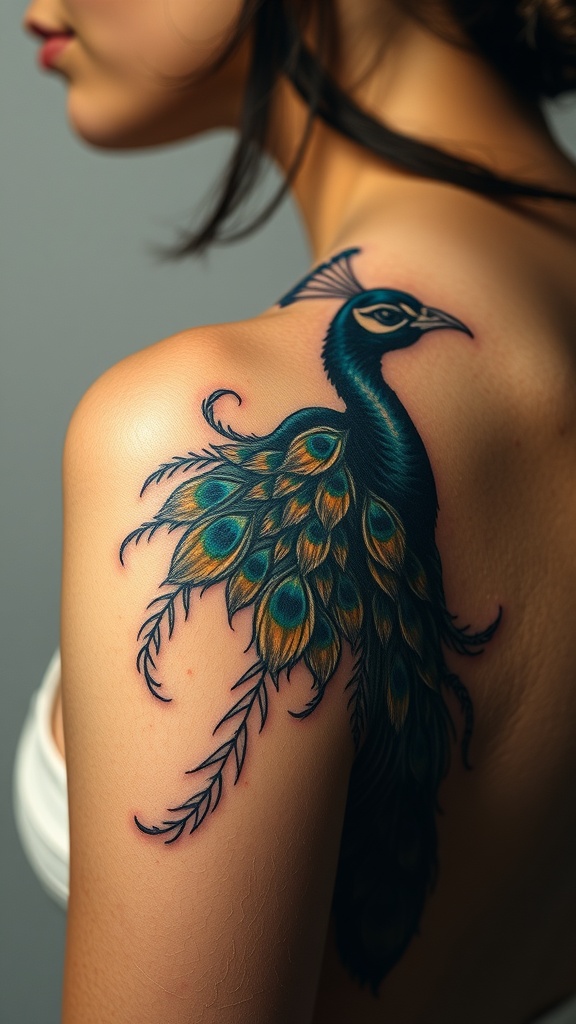 A colorful peacock tattoo on a woman's shoulder, showcasing open feathers.
