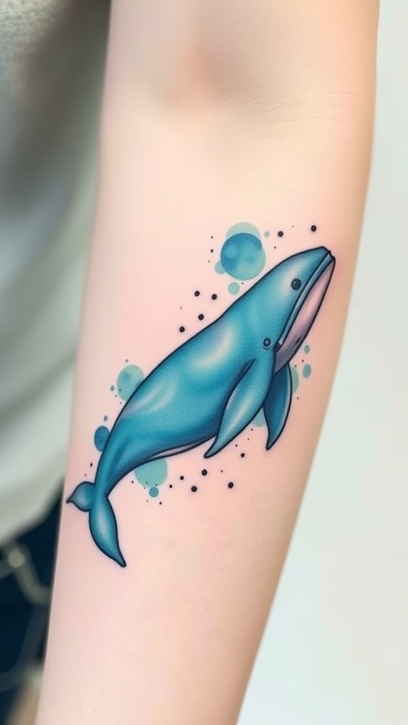 A watercolor tattoo of a whale with blue tones and bubbles.