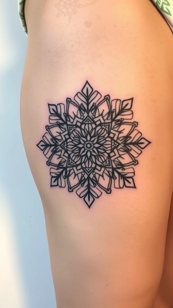 A geometric flower mandala tattoo with intricate leaf patterns.