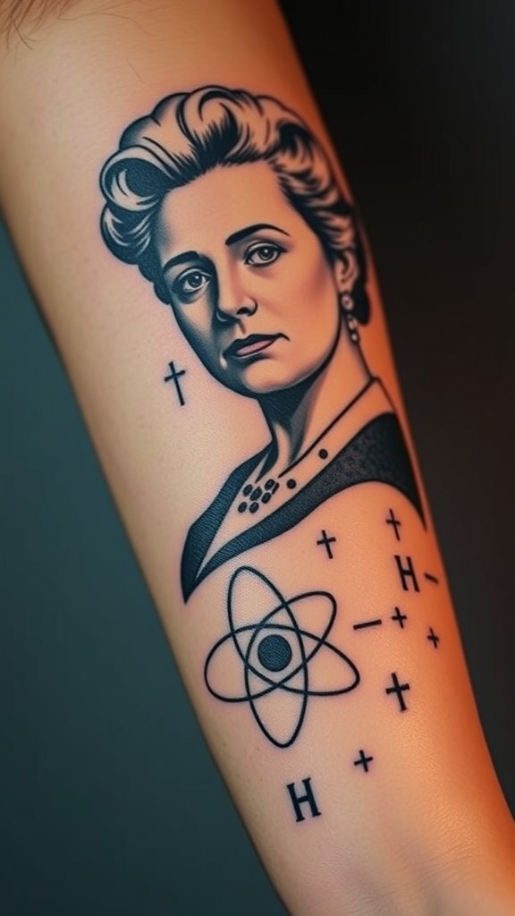 Tattoo of Marie Curie with atomic symbols and crosses