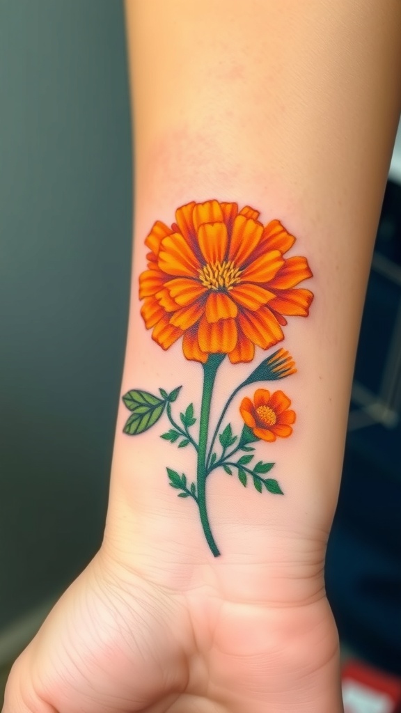 A vibrant marigold flower tattoo on a person's wrist.