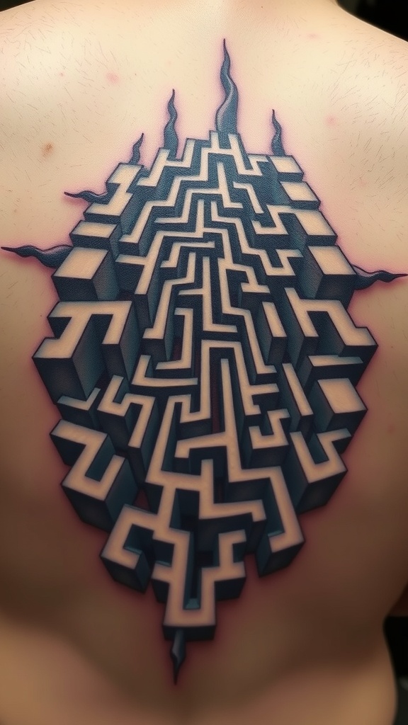 A 3D maze illusion tattoo on a person's back, featuring intricate pathways and a three-dimensional effect.