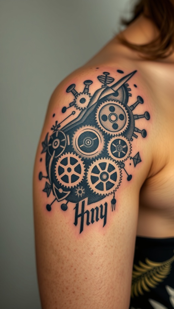 Tattoo featuring mechanical gears and organic shapes on a shoulder.