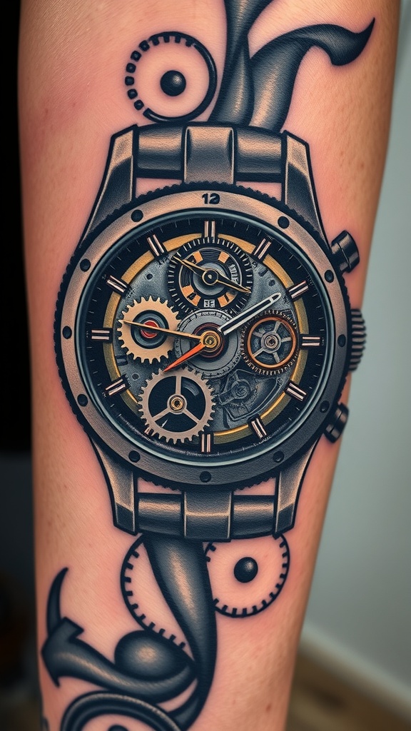 A detailed tattoo of a mechanical watch movement with gears and cogs.