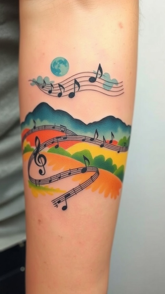 Watercolor tattoo featuring music notes and a colorful landscape