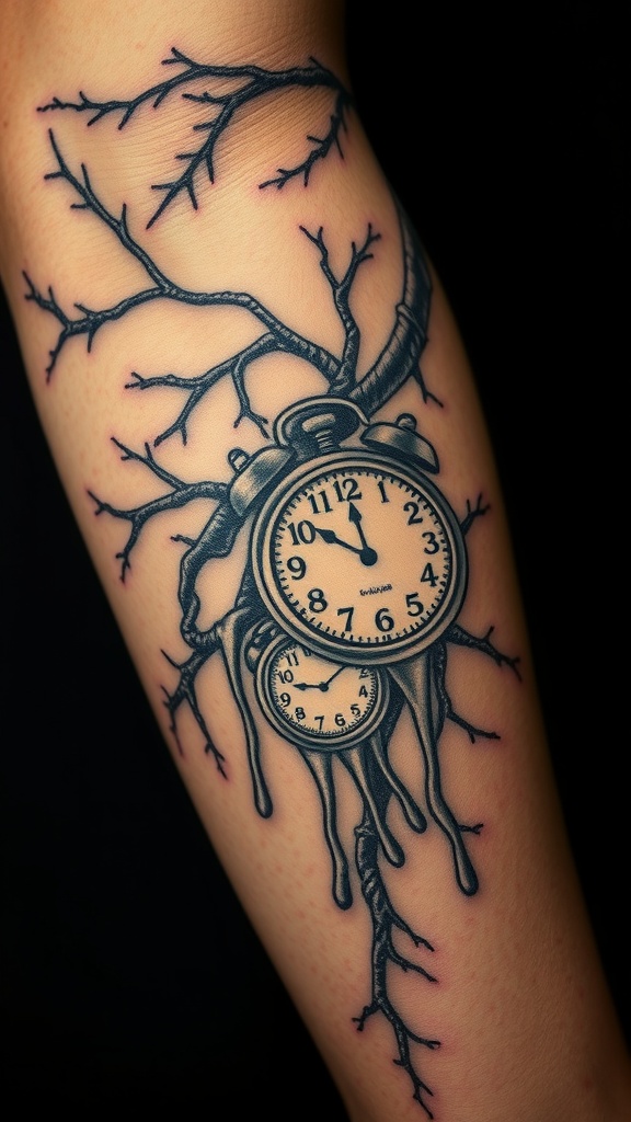A surreal tattoo of melting clocks intertwined with tree branches on a forearm.