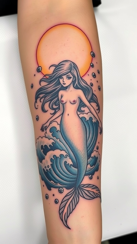 Tattoo of a mermaid with ocean waves and a sun