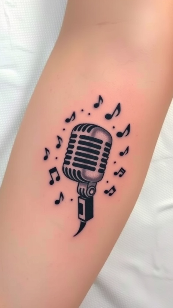 Tattoo of a microphone with music notes on an arm