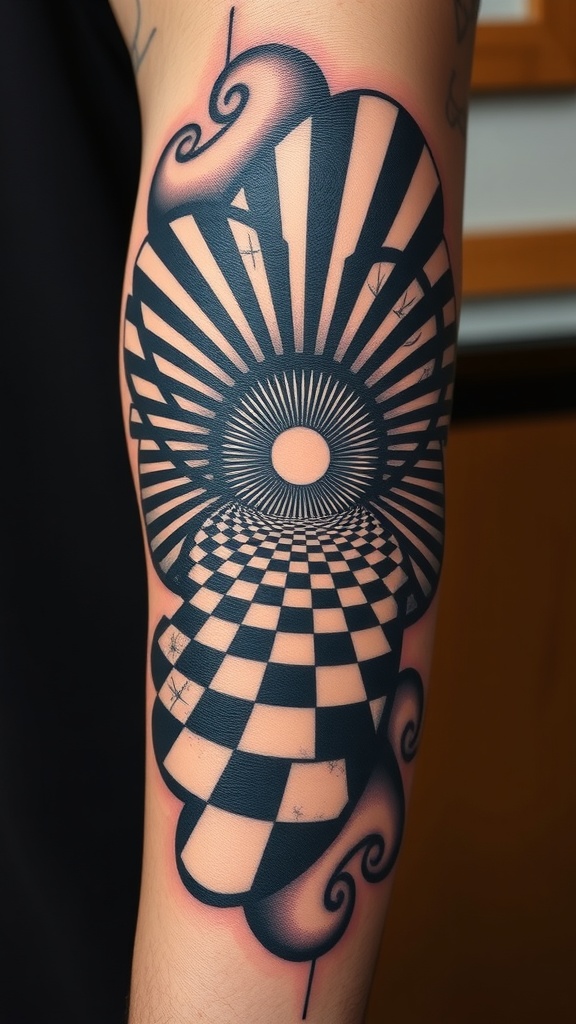 A surreal tattoo featuring a spiral optical illusion with a checkerboard pattern.