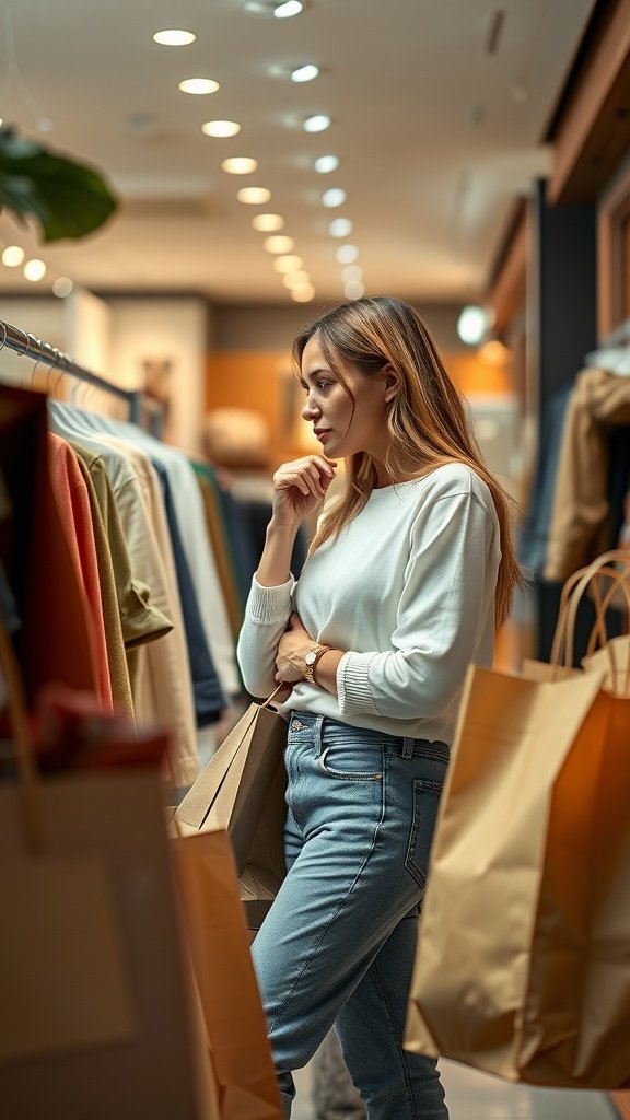 A woman shopping in a clothing store, looking thoughtful while examining items on a rack.