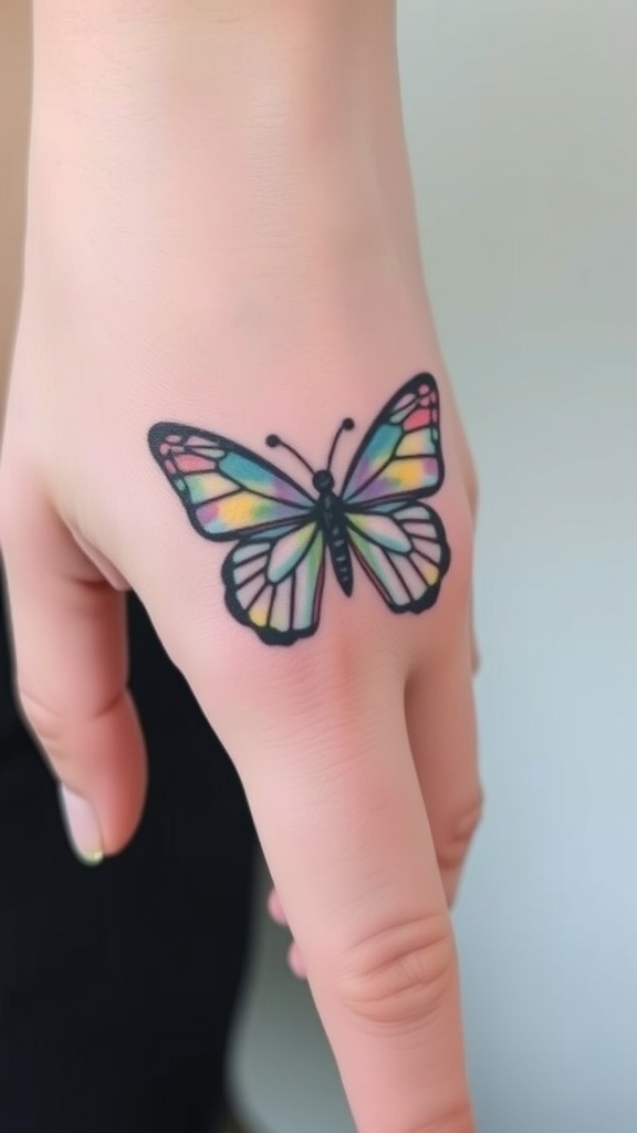 A minimalist butterfly tattoo outlined in black with colorful wings on a hand.