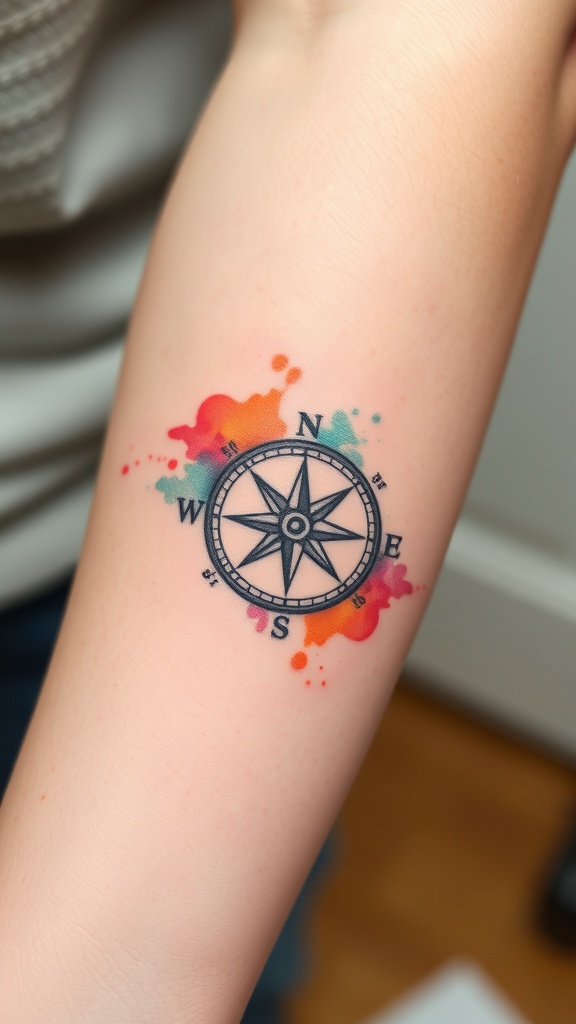 Minimalist compass tattoo with watercolor splash on arm.