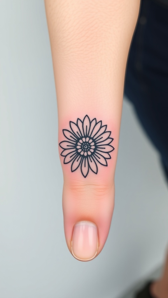 A minimalist daisy mandala tattoo on a person's hand.