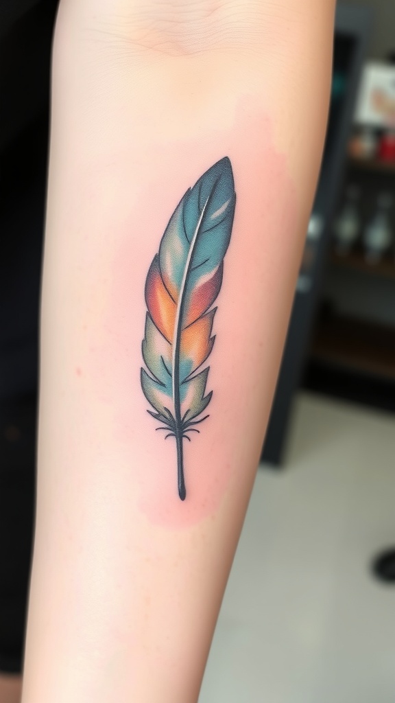 A colorful watercolor feather tattoo on the chest.