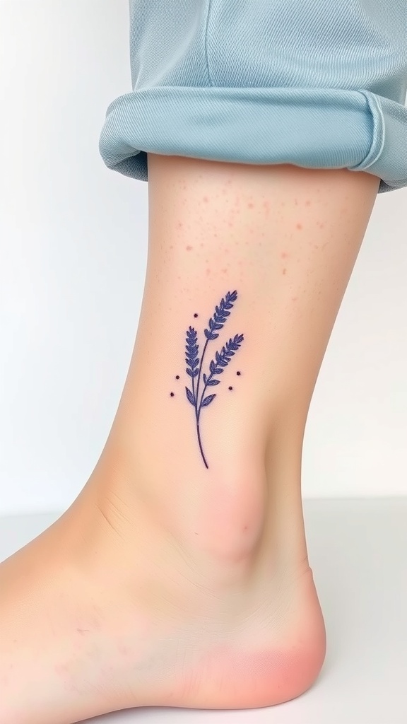 Minimalist lavender stem tattoo on ankle