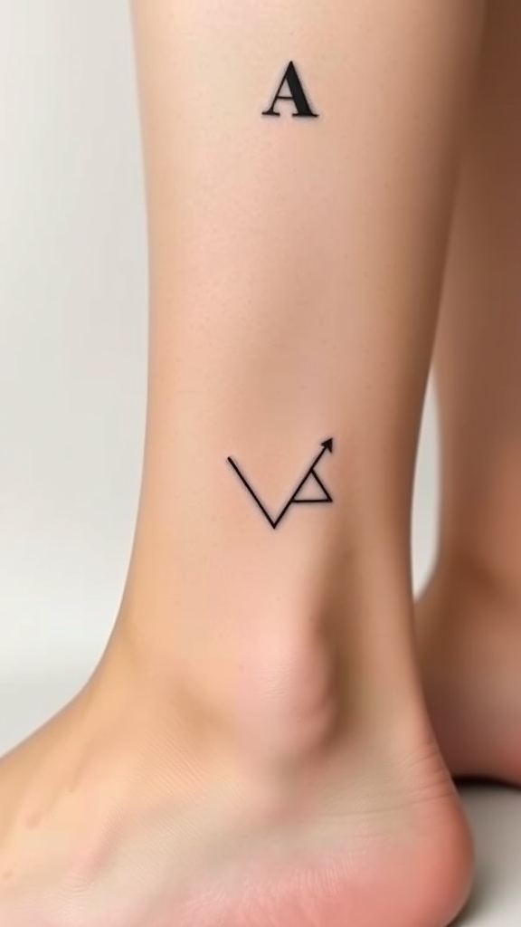 Minimalist line art tattoo featuring geometric shapes and letters on an ankle.
