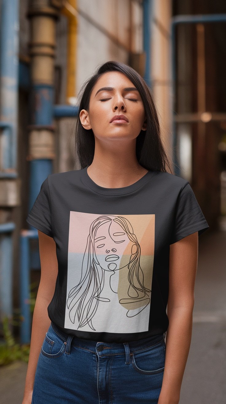 A woman wearing a Minimalist Line Art Tee in an urban setting, with a relaxed expression.