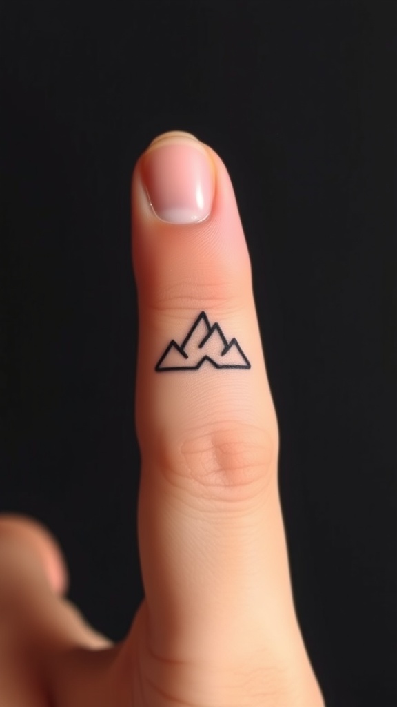 A minimalist mountain range tattoo on a finger.