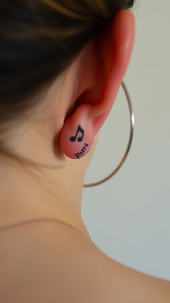 Tiny music note tattoo behind the ear
