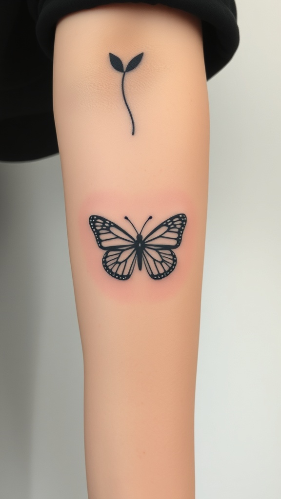 Minimalist outline butterfly tattoo on a person's leg
