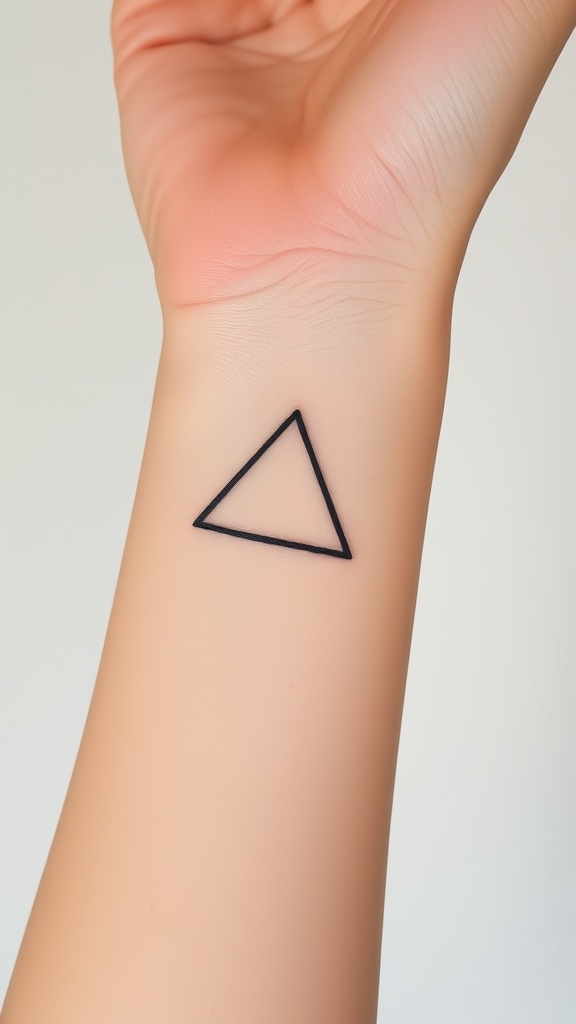 A minimalist triangle tattoo on a person's wrist.