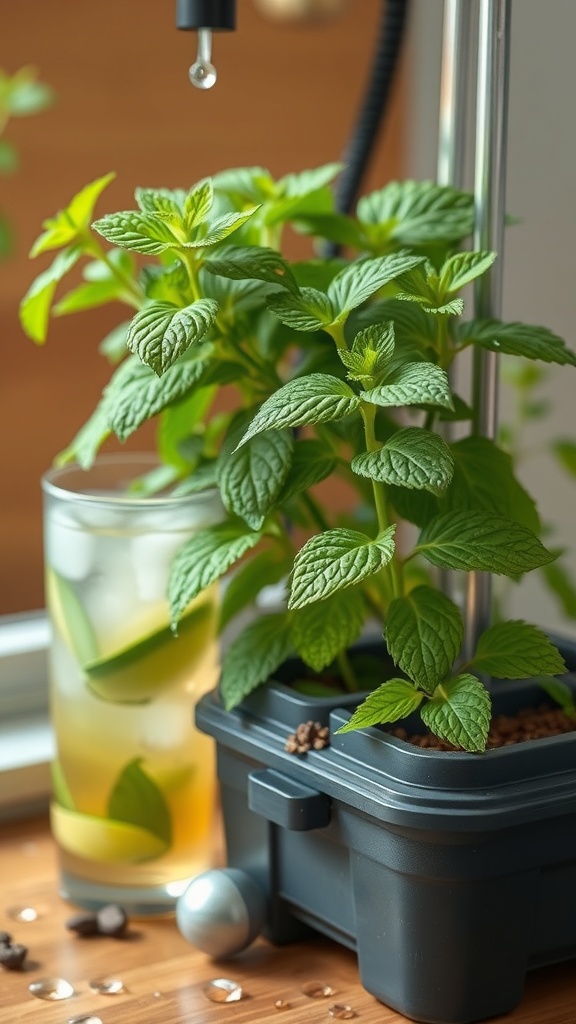 Hydroponic mint plant with a glass of mint-infused drink beside it.