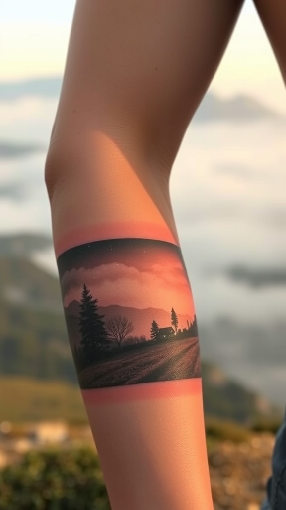 A hyper-realistic tattoo of a misty morning landscape featuring trees and a house.