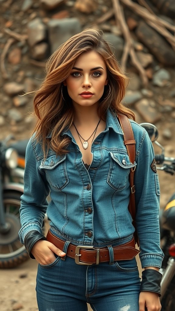 A woman in denim and leather outfit, showcasing a stylish look with vintage denim.