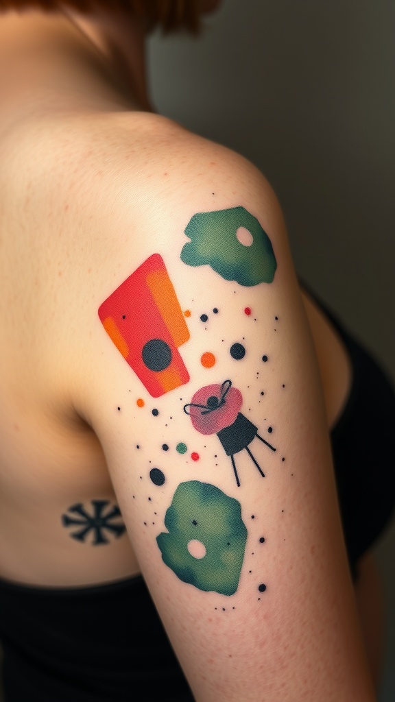 Abstract watercolor splash tattoo on shoulder featuring colorful shapes and dots.
