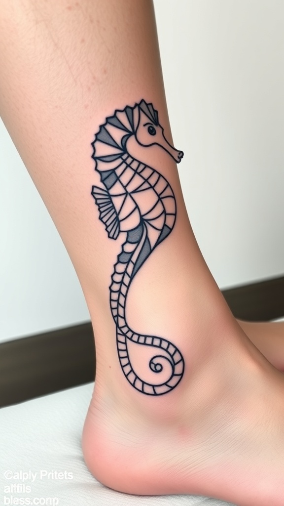 A modern geometric seahorse tattoo on an ankle.