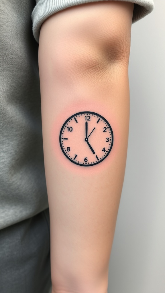 Minimalist clock tattoo on arm