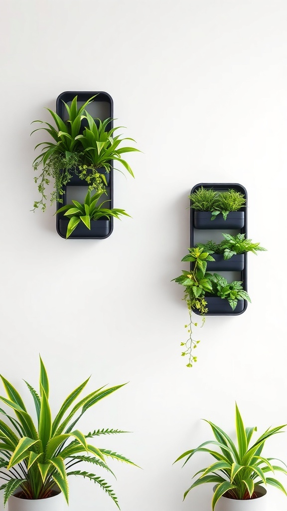 Two modern vertical planters mounted on a wall with various green plants.