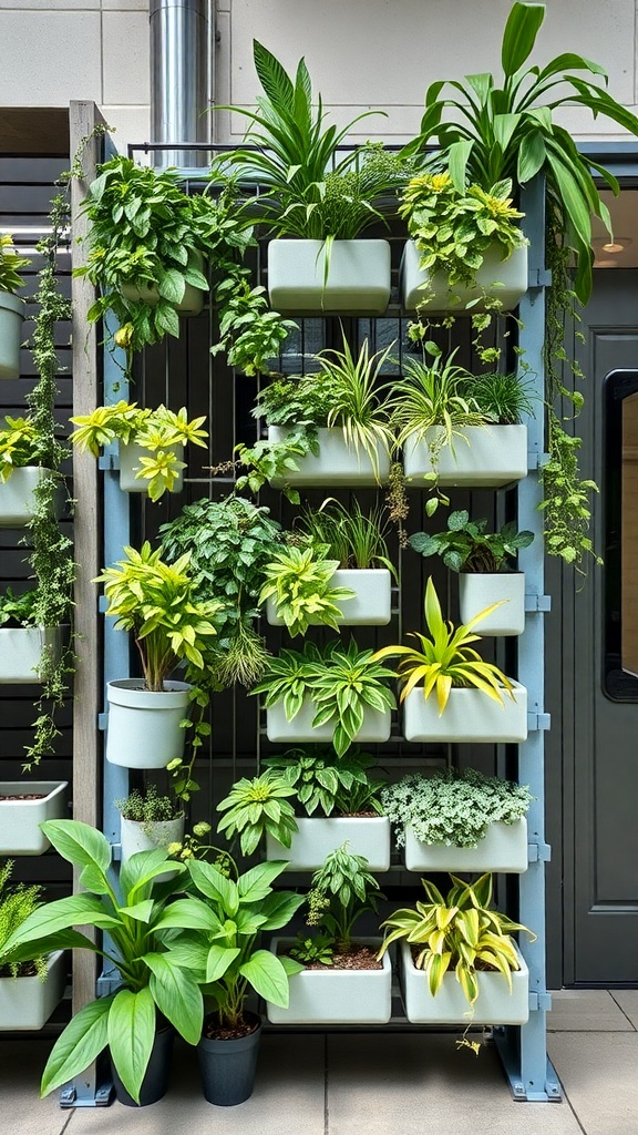 A modular vertical planter system with various plants arranged on a wall-mounted structure.